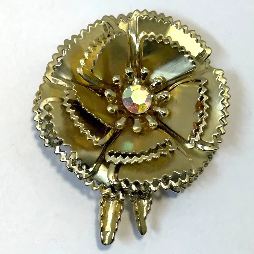 Vintage‎ 60's Gold Plated Ruffle Petal Flower Brooch Earrings Set